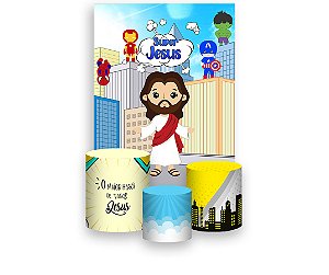 Painel De Festa Vertical 1,50 x 2,20 + Trio De Capas Cilindro - Super Jesus 038