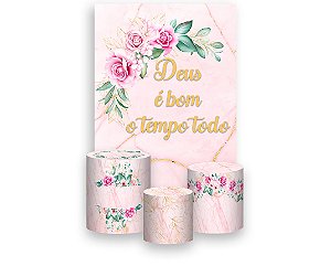 Painel De Festa Vertical 1,50 x 2,20 + Trio De Capas Cilindro - Deus é Bom Efeito Mármore Rosa 042