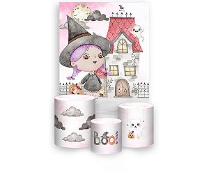 Painel De Festa Vertical 1,50 x 2,20 + Trio De Capas Cilindro - Halloween Bruxinha Cute 002