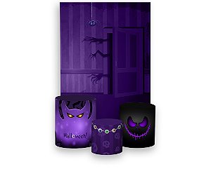 Painel De Festa Vertical 1,50 x 2,20 + Trio De Capas Cilindro - Halloween Roxo 010