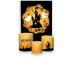 Painel De Festa Vertical 1,50 x 2,20 + Trio De Capas Cilindro - Halloween Laranja Fantasmas 014