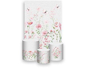 Painel De Festa Vertical 1,50 x 2,20 + Trio De Capas Cilindro -  Jardim Floral com Borboletas 025