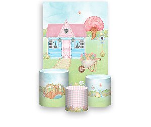 Painel De Festa Vertical 1,50 x 2,20 + Trio De Capas Cilindro - Jardim Encantado Com Casinha 032