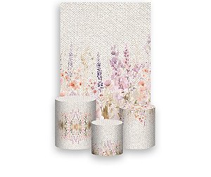 Painel De Festa Vertical 1,50 x 2,20 + Trio De Capas Cilindro - Jardim Floral Efeito de Linho 035
