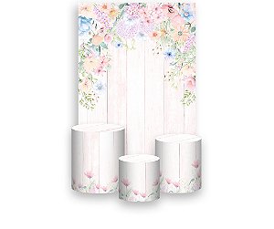 Painel De Festa Vertical 1,50 x 2,20 + Trio De Capas Cilindro - Jardim Efeito Madeira e Flores 038