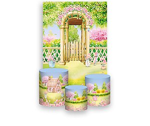 Painel De Festa Vertical 1,50 x 2,20 + Trio De Capas Cilindro - Jardim Porta Flores Rosas 044