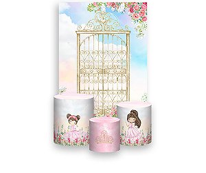 Painel De Festa Vertical 1,50 x 2,20 + Trio De Capas Cilindro -  Jardim Rosa Aquarela 049