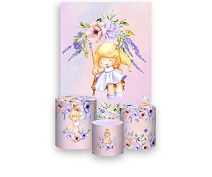 Painel De Festa Vertical 1,50 x 2,20 + Trio De Capas Cilindro - Jardim Rosa e Lilás com Boneca Loira 052