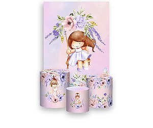 Painel De Festa Vertical 1,50 x 2,20 + Trio De Capas Cilindro - Jardim Rosa e Lilás com Boneca Morena 054