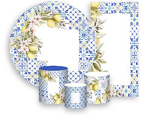 Painel De Festa + Trio De Capas Cilindro + Faixa Veste Fácil - Azulejo Azul com Limões Sicilianos 026