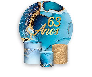 Painel De Festa Redondo 1,50 x 1,50 + Trio De Capas Cilindro - 63 Anos Efeito Mármore Azul com Dourado 305