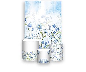 Painel De Festa Vertical 1,50 x 2,20 + Trio De Capas Cilindro - Jardim com Floral Aquarelado 065