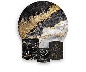 Painel De Festa Redondo 1,50 x 1,50 + Trio De Capas Cilindro - Efeito Mármore Preto com Dourado 103
