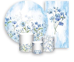 Painel De Festa + Trio De Capas Cilindro + Faixa Veste Fácil - Jardimm Floral Azul Aquarelado 031