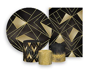 Kit 2 Painéis De Festa + Trio De Capas Cilindro - Marrom com Geométrico Dourado 033
