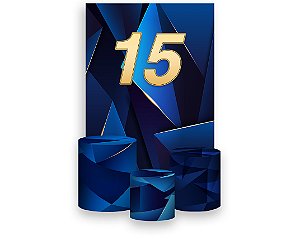 Painel De Festa Vertical 1,50 x 2,20 + Trio De Capas Cilindro - 15 Anos Azul com Dourado 195