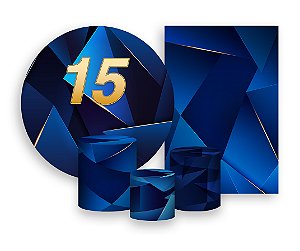 Kit 2 Painéis De Festa + Trio De Capas Cilindro - 15 Anos Azul com Dourado 059