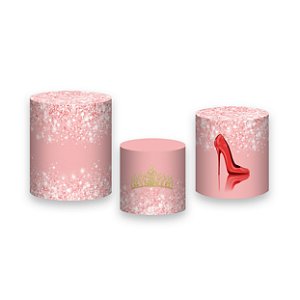 Trio De Capas De Cilindro - Princesa 15 Anos Rosa com Efeito Glitter 026