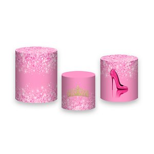 Trio De Capas De Cilindro - Princesa 15 Anos Pink com Efeito Glitter 027