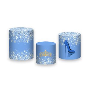 Trio De Capas De Cilindro - Princesa 15 Anos Azul com Efeito Glitter 028