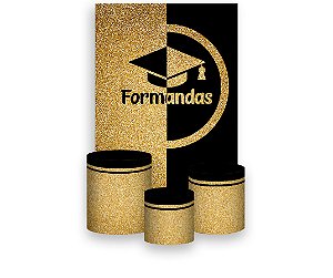 Painel De Festa Vertical 1,50 x 2,20 + Trio De Capas Cilindro - Formandas Preto e Dourado 026