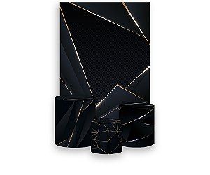 Painel De Festa Vertical 1,50 x 2,20 + Trio De Capas Cilindro - Preto com Geométrico Dourado 039