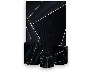 Painel De Festa Vertical 1,50 x 2,20 + Trio De Capas Cilindro - Preto com Geométrico Dourado 040