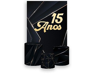 Painel De Festa Vertical 1,50 x 2,20 + Trio De Capas Cilindro - 15 Anos Preto com Dourado 197