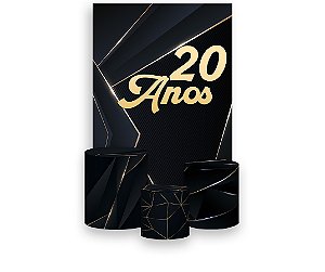 Painel De Festa Vertical 1,50 x 2,20 + Trio De Capas Cilindro - 20 Anos Preto com Dourado 199