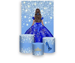 Painel De Festa Vertical 1,50 x 2,20 + Trio De Capas Cilindro - Princesa Efeito Glitter Azul 215