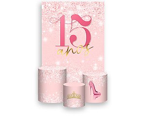 Painel De Festa Vertical 1,50 x 2,20 + Trio De Capas Cilindro - 15 Princesa Efeito Glitter Rosa Suave 217