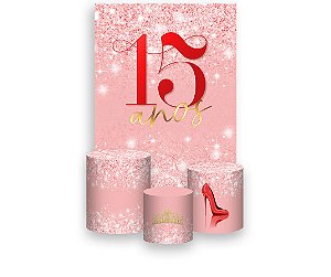 Painel De Festa Vertical 1,50 x 2,20 + Trio De Capas Cilindro - 15 Anos Princesa Efeito Glitter Rosa 219