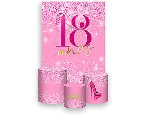 Painel De Festa Vertical 1,50 x 2,20 + Trio De Capas Cilindro - 18 Anos Pink Efeito Glitter 225