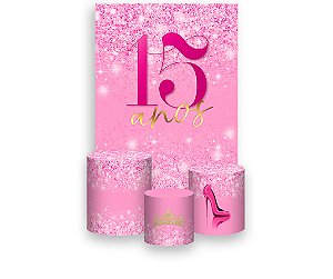 Painel De Festa Vertical 1,50 x 2,20 + Trio De Capas Cilindro - 15 Anos Pink Efeito Glitter 227