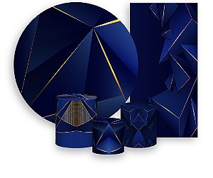 Painel De Festa + Trio De Capas Cilindro + Faixa Veste Fácil - Azul com Geométrico Dourado 031