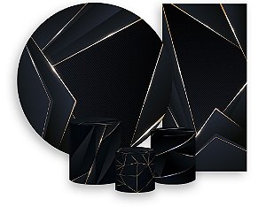 Painel De Festa + Trio De Capas Cilindro + Faixa Veste Fácil - Preto com Geométrico Dourado 032