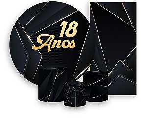 Painel De Festa + Trio De Capas Cilindro + Faixa Veste Fácil - 18 Anos Preto com Dourado 059