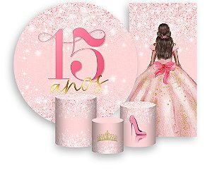 Painel De Festa + Trio De Capas Cilindro + Faixa Veste Fácil - 15 Anos Princesa Rosa Efeito Glitter 076