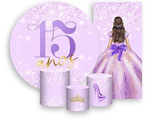 Painel De Festa + Trio De Capas Cilindro + Faixa Veste Fácil - 15 Anos Princesa Lilás Efeito Glitter 077