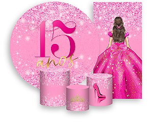 Painel De Festa + Trio De Capas Cilindro + Faixa Veste Fácil - 15 Anos Princesa Pink Efeito Glitter 078