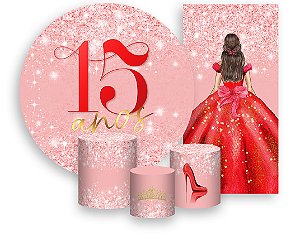 Painel De Festa + Trio De Capas Cilindro + Faixa Veste Fácil - 15 Anos Princesa Vermelho Efeito Glitter 079