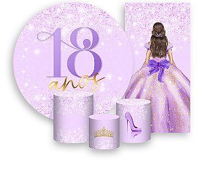 Painel De Festa + Trio De Capas Cilindro + Faixa Veste Fácil - 18 Anos Princesa Lilás Efeito Glitter 083