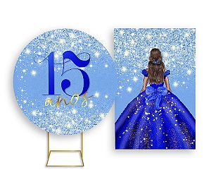 Painel De Festa Redondo 1,50x1,50 + Vertical 1,50x2,20 - 15 Anos Princesa Azul Efeito Glitter 059