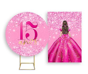 Painel De Festa Redondo 1,50x1,50 + Vertical 1,50x2,20 - 15 Anos Princesa Pink Efeito Glitter 061