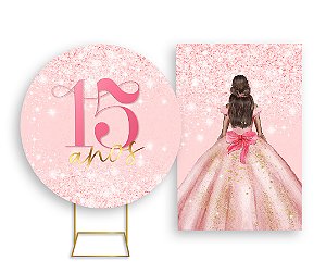 Painel De Festa Redondo 1,50x1,50 + Vertical 1,50x2,20 - 15 Anos Princesa Rosa Suave Efeito Glitter 062