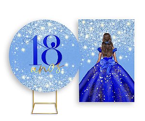 Painel De Festa Redondo 1,50x1,50 + Vertical 1,50x2,20 - 18 Anos Princesa Azul Efeito Glitter 066