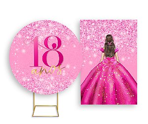 Painel De Festa Redondo 1,50x1,50 + Vertical 1,50x2,20 - 18 Anos Princesa Pink Efeito Glitter 068