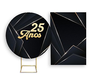 Painel De Festa Redondo 1,50x1,50 + Vertical 1,50x2,20 - 25 Anos Preto com Dourado 072