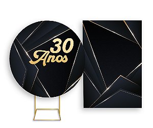 Painel De Festa Redondo 1,50x1,50 + Vertical 1,50x2,20 - 30 Anos Preto com Dourado 073