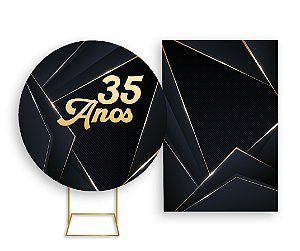 Painel De Festa Redondo 1,50x1,50 + Vertical 1,50x2,20 - 35 Anos Preto com Dourado 074